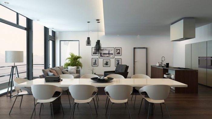 modern, kitchen, dining, living area, white, clean