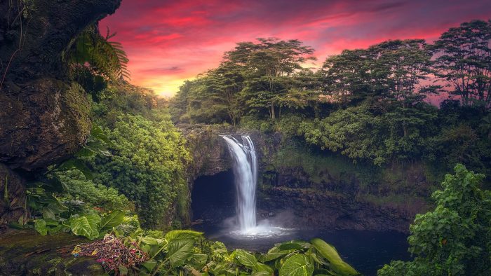 Hawaii, waterfall, sunset, bliss