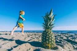 beach, sand, ocean, pineapple, child, running
